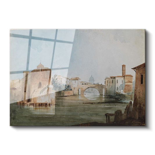 J.M.W. Turner - İtalya Nehir ve Köprü Manzarası Cam Tablo