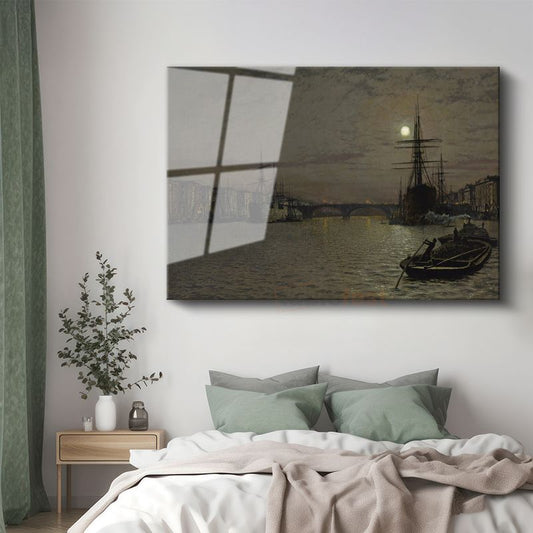 John Atkinson Grimshaw - Ay Işığında Liman Cam Tablo