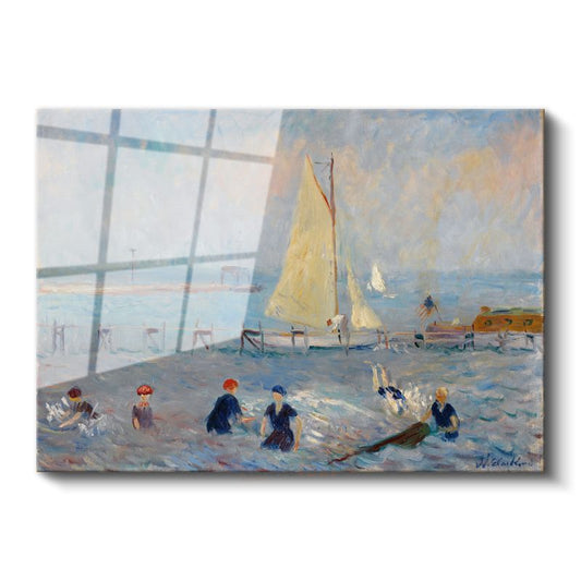 William Glackens - Plajda Yüzenler Cam Tablo