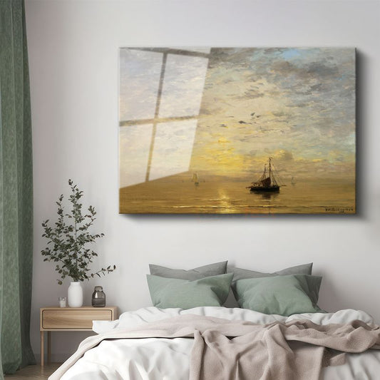Hendrik Willem Mesdag - Günbatımında Tekneler Cam Tablo