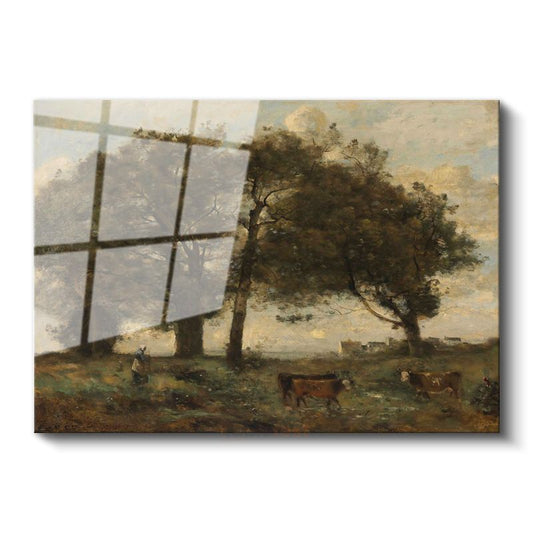 Jean-Baptiste-Camille Corot - Ağaçlar ve Çoban Cam Tablo