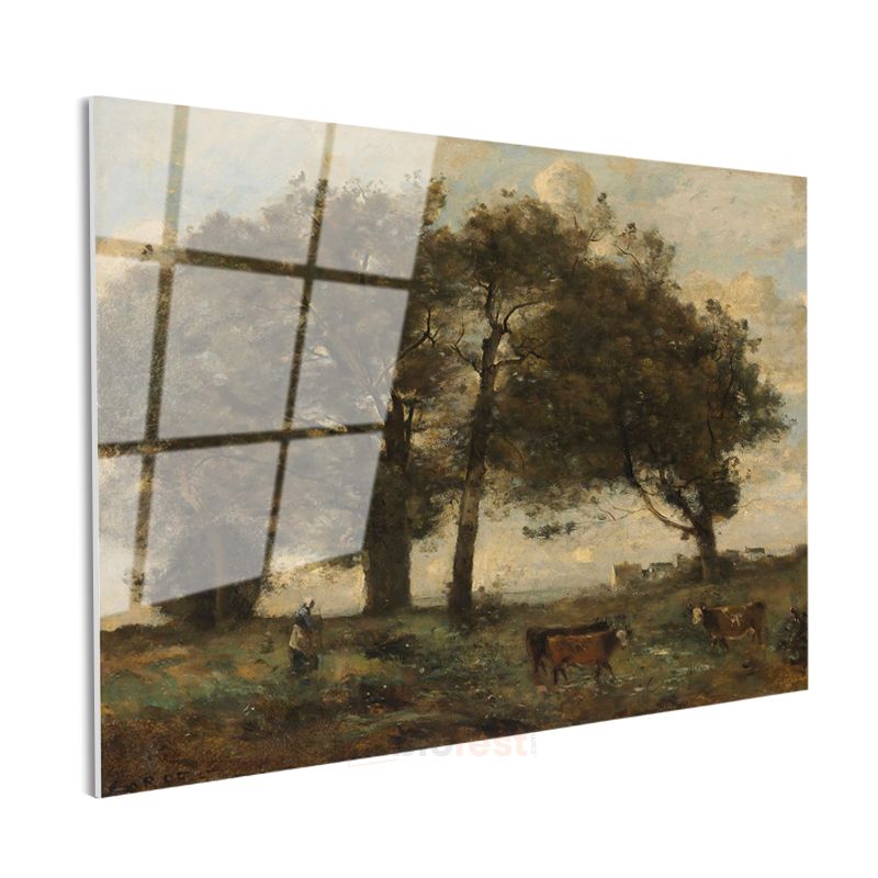 Jean-Baptiste-Camille Corot - Ağaçlar ve Çoban Cam Tablo