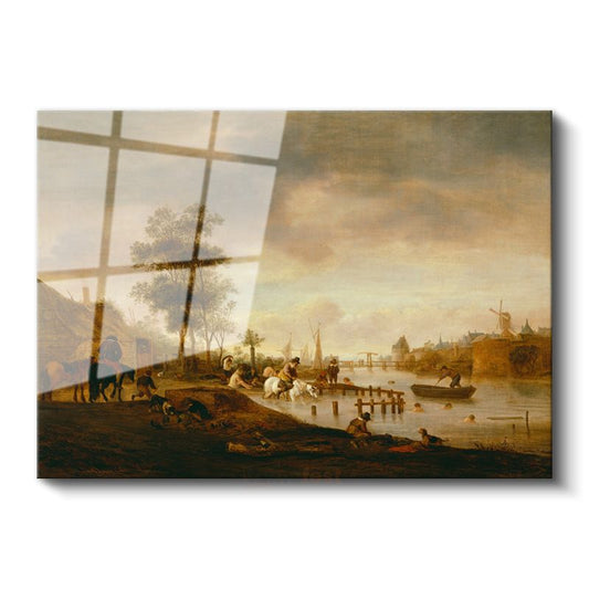 Aelbert Cuyp - Nehir Kıyısında Günbatımı Cam Tablo