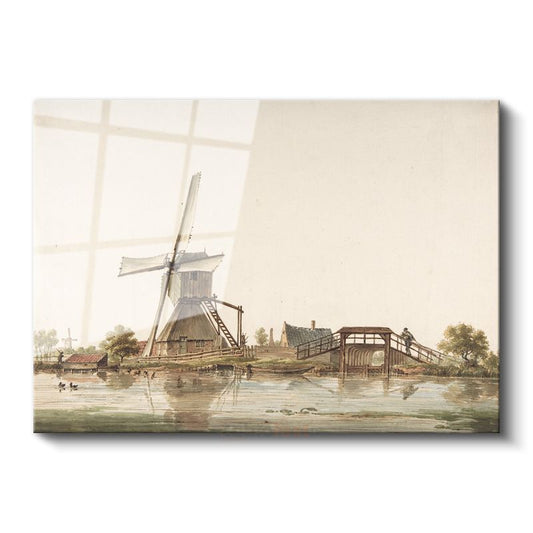 Jan van der Heyden - Hollanda Değirmeni ve Köprü Cam Tablo