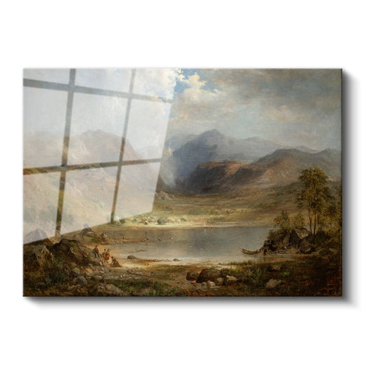 Thomas Moran - Dağlık Vadide Göl Manzarası Cam Tablo