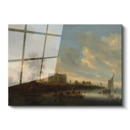 Jan van Goyen - Nehir Kıyısında Kilise Manzarası Cam Tablo