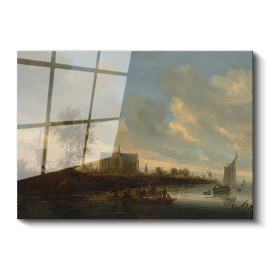 Jan van Goyen - Nehir Kıyısında Kilise Manzarası Cam Tablo