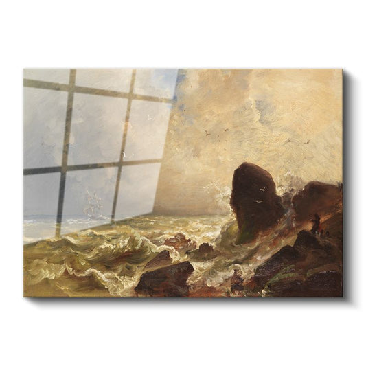 Andreas Achenbach - Fırtınalı Denizde Gemi Cam Tablo