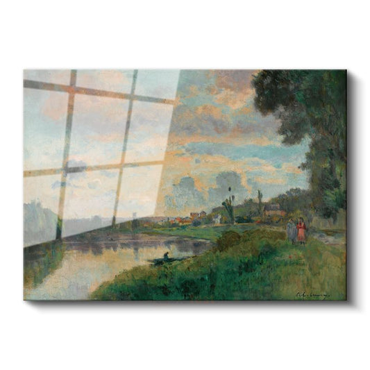 Jean-Baptiste-Camille Corot - Nehir Kıyısında Günbatımı Cam Tablo