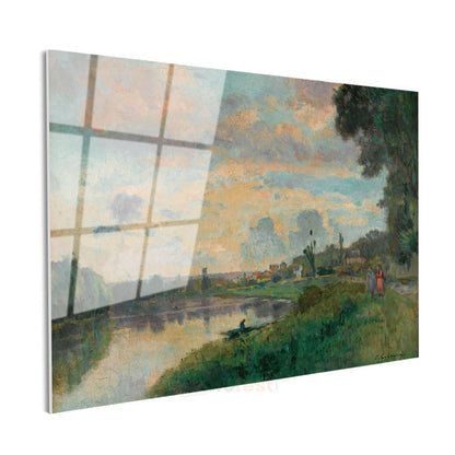 Jean-Baptiste-Camille Corot - Nehir Kıyısında Günbatımı Cam Tablo