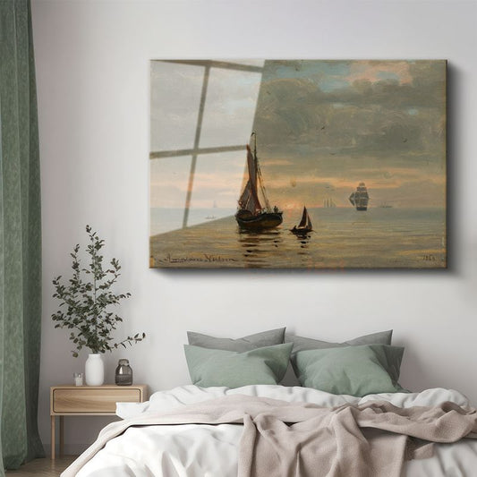 Hendrik Willem Mesdag - Gün Batımında Yelkenliler Cam Tablo