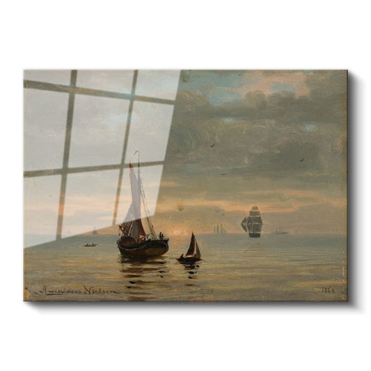 Hendrik Willem Mesdag - Gün Batımında Yelkenliler Cam Tablo