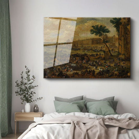 David Teniers - Saray Önünde Kalabalık Manzara Cam Tablo