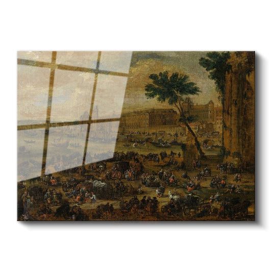 David Teniers - Saray Önünde Kalabalık Manzara Cam Tablo