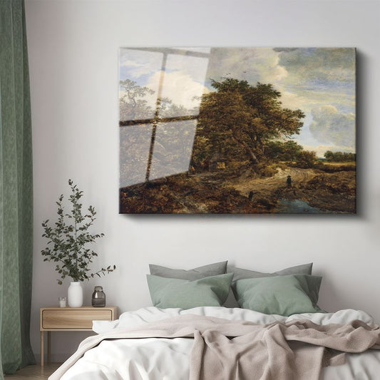 Jacob van Ruisdael - Meşe Ağaçlı Kırsal Manzara Cam Tablo