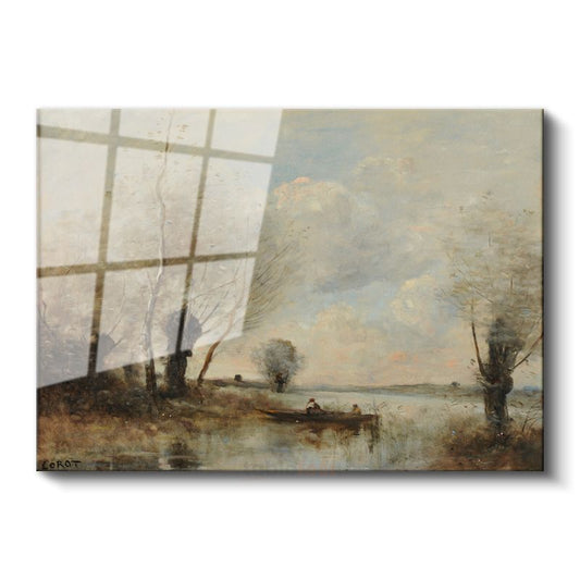 Jean-Baptiste-Camille Corot - Göl Kenarında Tekne Cam Tablo