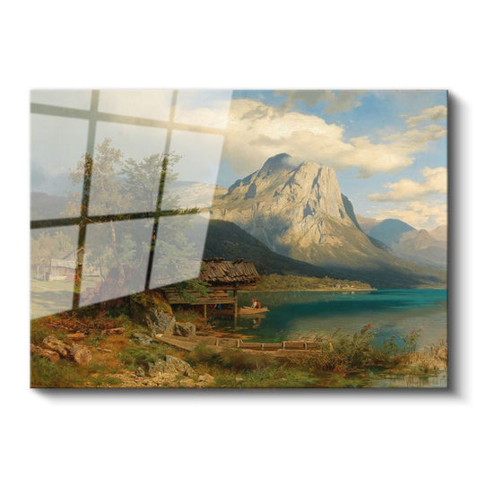 Albert Bierstadt - Dağ Gölü Manzarası Cam Tablo