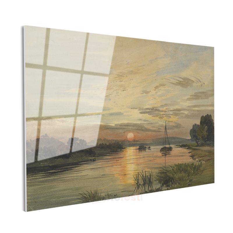 J.M.W. Turner - Gün Batımında Nehir Manzarası Cam Tablo