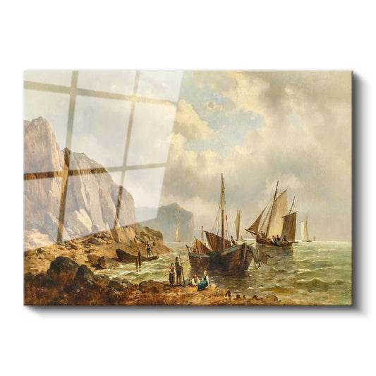Andreas Achenbach - Kayalık Sahilde Tekneler Cam Tablo
