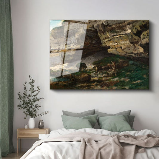 Gustave Courbet - Kayalıklar ve Geyik Cam Tablo