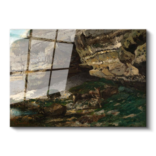 Gustave Courbet - Kayalıklar ve Geyik Cam Tablo