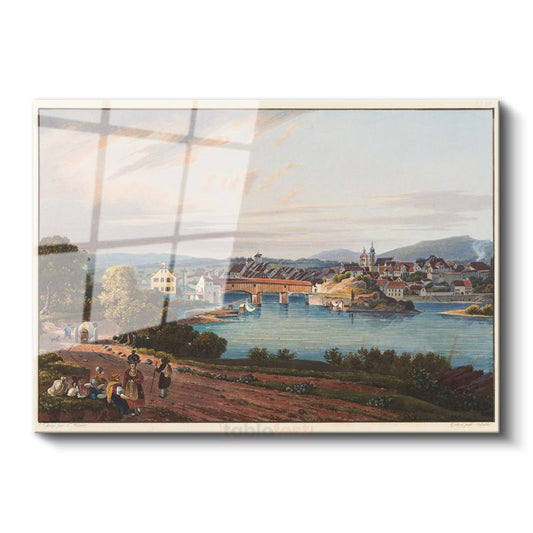 Johann Ludwig Bleuler - Nehir Kıyısında Köy Manzarası Cam Tablo