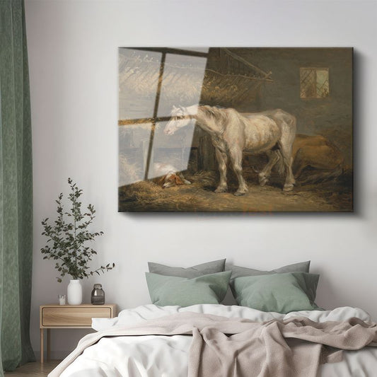 Rosa Bonheur - Ahırdaki Beyaz At Cam Tablo