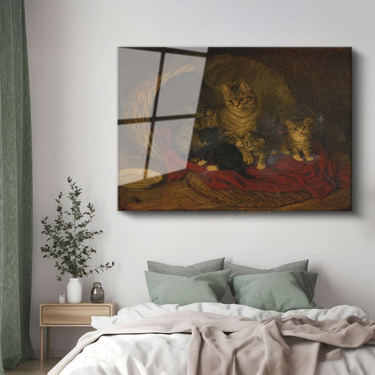 Henriëtte Ronner-Knip - Sepetteki Kediler Cam Tablo