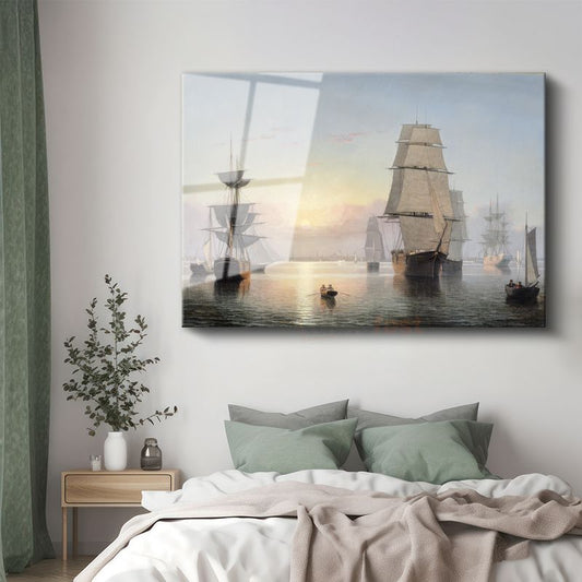 Fitz Hugh Lane - Durgun Denizde Yelkenliler Cam Tablo