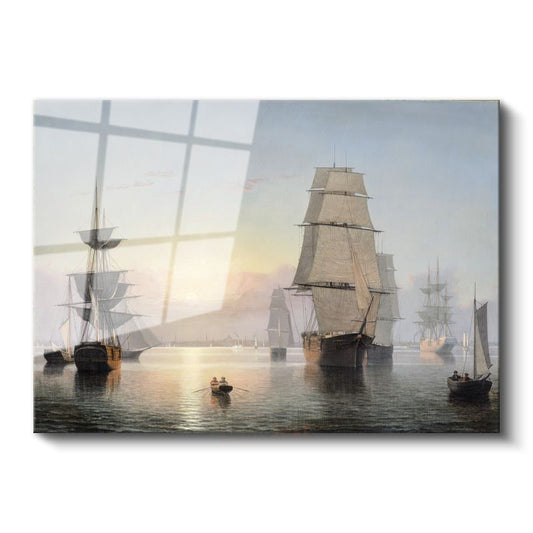 Fitz Hugh Lane - Durgun Denizde Yelkenliler Cam Tablo