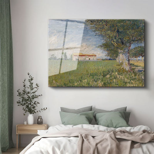 Vincent van Gogh - Buğday Tarlasında Çiftlik Evi Cam Tablo