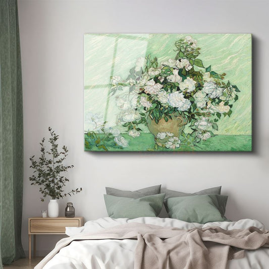 Vincent Van Gogh - Vazoda Beyaz Güller Cam Tablo