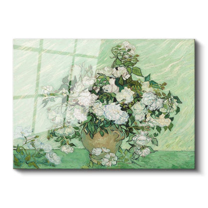 Vincent Van Gogh - Vazoda Beyaz Güller Cam Tablo