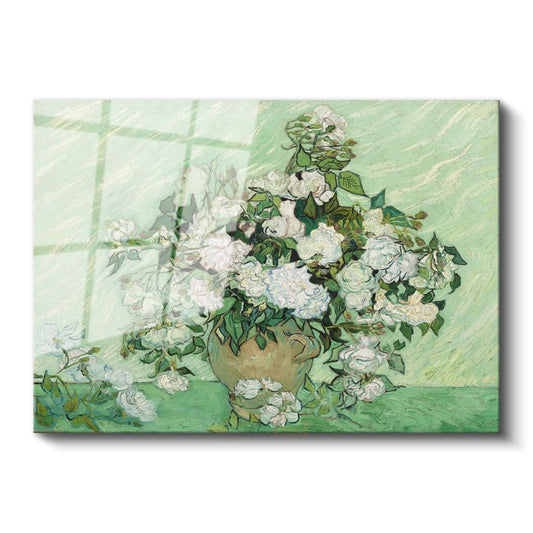 Vincent Van Gogh - Vazoda Beyaz Güller Cam Tablo