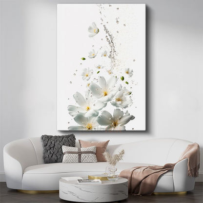 Beyaz Çiçek Sıçraması - Minimalist Su Damlacıkları Kanvas Tablo