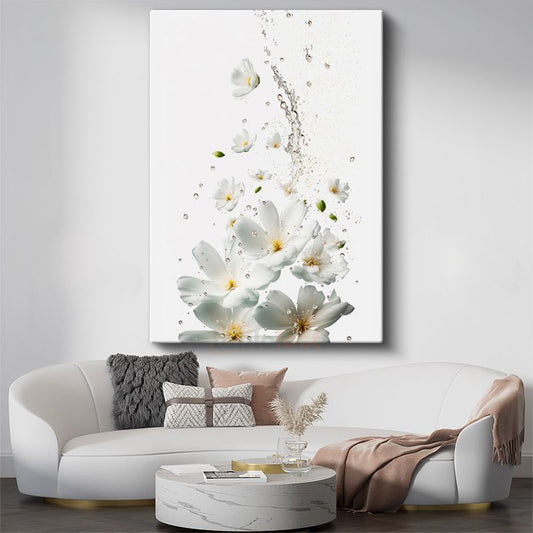 Beyaz Çiçek Sıçraması - Minimalist Su Damlacıkları Kanvas Tablo