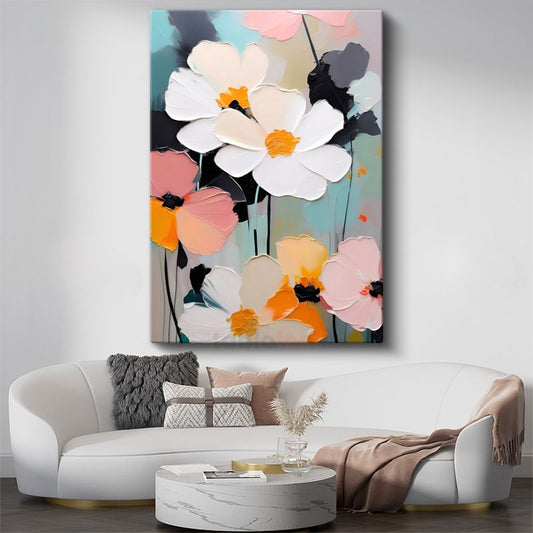 Modern Çiçek Buketi - Kalın Dokulu Pastel Renkli Kanvas Tablo