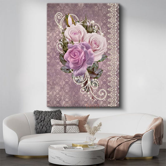 İnci Süslemeli Güller - Mor Damask Desenli Kanvas Tablo
