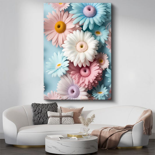 Pastel Papatyalar - Mavi Fonda Renkli Gerbera Kanvas Tablo