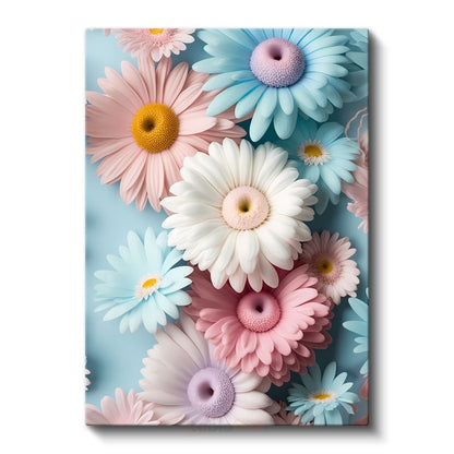 Pastel Papatyalar - Mavi Fonda Renkli Gerbera Kanvas Tablo