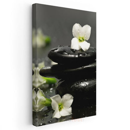Spa Konsepti - Siyah Taşlar ve Beyaz Çiçekler Kanvas Tablo