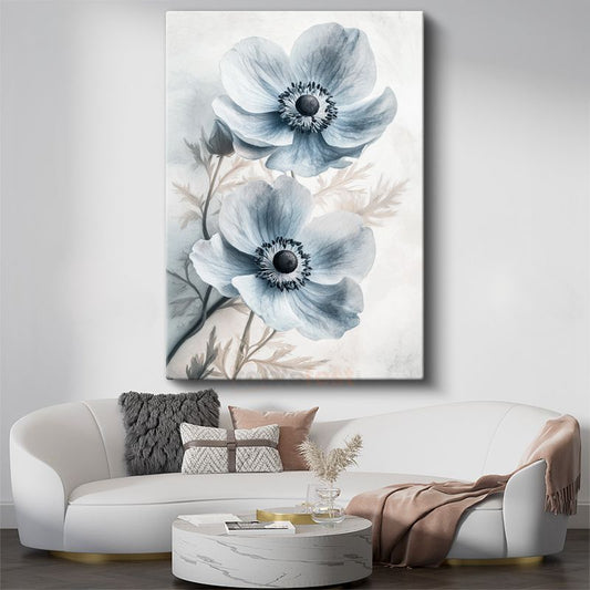Mavi Anemonlar - Soft Pastel Tonlarda Çiçek İkilisi Kanvas Tablo