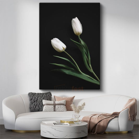 Beyaz Laleler - Siyah Fonda Minimalist Çiçek İkilisi Kanvas Tablo