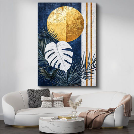Tropikal Monstera - Mavi Altın Geometrik Dekor Kanvas Tablo