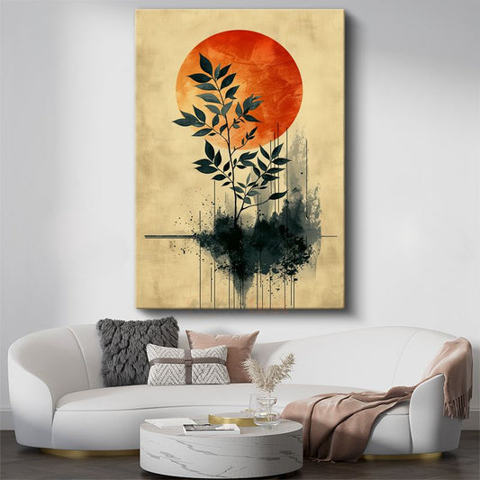 Gün Batımı Yapraklar - Minimalist Botanik Siluet Kanvas Tablo