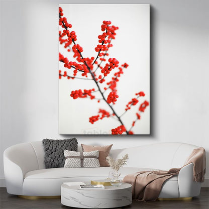 Kırmızı Meyveler - Minimalist Kış Dalı Kanvas Tablo