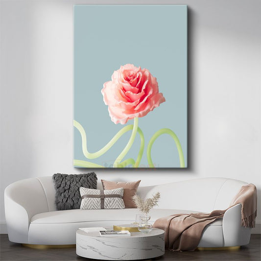 Pastel Gül - Mavi Fonda Minimalist Çiçek Portresi Kanvas Tablo