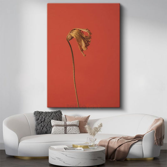 Solmuş Çiçek - Kırmızı Fonda Minimalist Botanik Kanvas Tablo