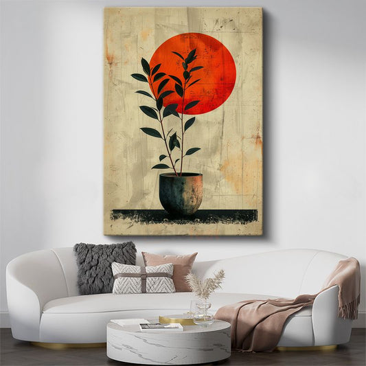 Minimalist Bitki - Kırmızı Güneş ve Saksıda Yapraklar Kanvas Tablo