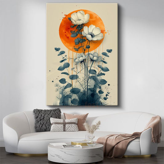 Ay Işığında Çiçekler - Turuncu Daire Fonlu Minimalist Çiçek Kanvas Tablo